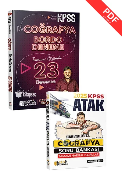 2025 KPSS Haritalarla Atak Coğrafya Soru Bankası ve Bordo 23 Deneme Seti Eğit Akademi kitap kapağı