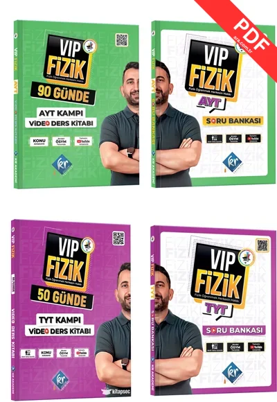 2025 Vip Fizik AYT Soru Bankası, TYT Soru Bankası, Fizik 50 Günde TYT Kampı Video Ders Kitabı,  Fizik 90 Günde AYT Kampı Seti KR Akademi kitap kapağı